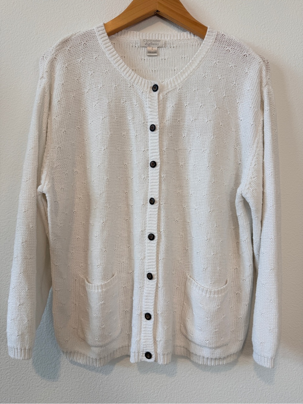 Vintage Classic White Cotton Ramie Pointelle Knit Cardigan Sweater Medium Large